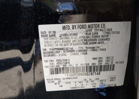 2008 Ford Taurus Limited z USA, uszkodzony, nr VIN 1FAHP28W08G187168